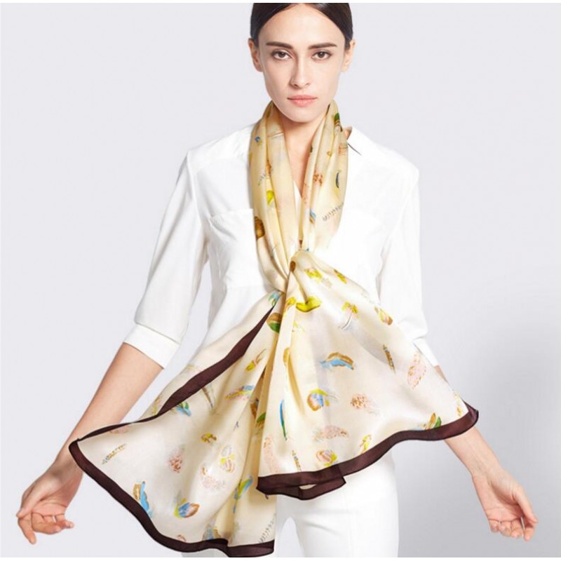 Pure Silk Scarf White Print Women Summer Scarf